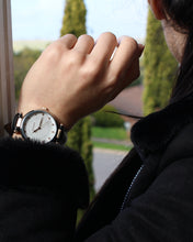 Load image into Gallery viewer, Ellis &amp; Co Amelia Crystal Set Black Leather Womens Watch With Rose Gold Tones