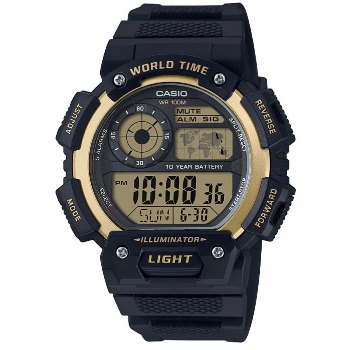 Casio AE1400WH9A World Time Black Resin Digital Mens Watch Shiels Jewellers