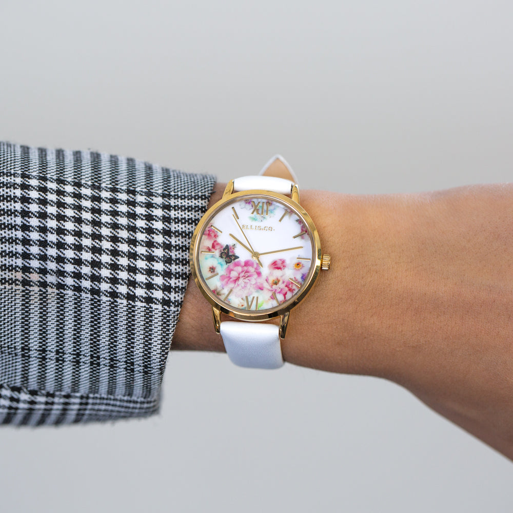 Ellis & Co 'Bloom' White Leather Floral Womens Watch
