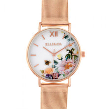Load image into Gallery viewer, Ellis &amp; Co &#39;Iris&#39; Floral Rose Gold Tone Stainless Steel Mesh Bracelet Womens Watch