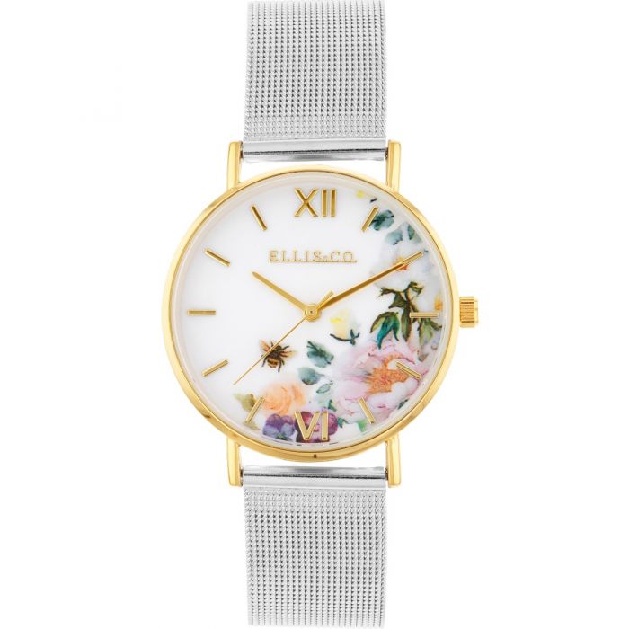 Ellis & Co 'Iris' Floral Stainless Steel Mesh With Gold Tone Face Womens Watch