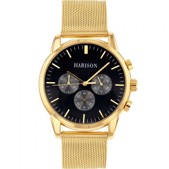 HARISON Gold Tone Stainless Steel Mesh Men's Watch  *Simulation Sub Dials*