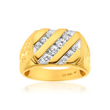 Load image into Gallery viewer, 9ct Yellow Gold Diagonal Row Channel Set Cubic Zirconia Gents Ring