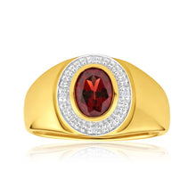 Load image into Gallery viewer, 9ct Yellow Gold Garnet and Diamond Gents Ring