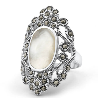 Sterling Silver Mother Of Pearl and Marcasite Ring