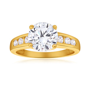 Zirconia Ring with 6 Channel Set Side Zirconias in 9ct Yellow Gold