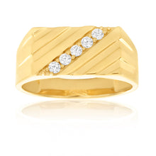 Load image into Gallery viewer, 9ct Yellow Gold Diagonal Channel Set Cubic Zirconia Gents Ring
