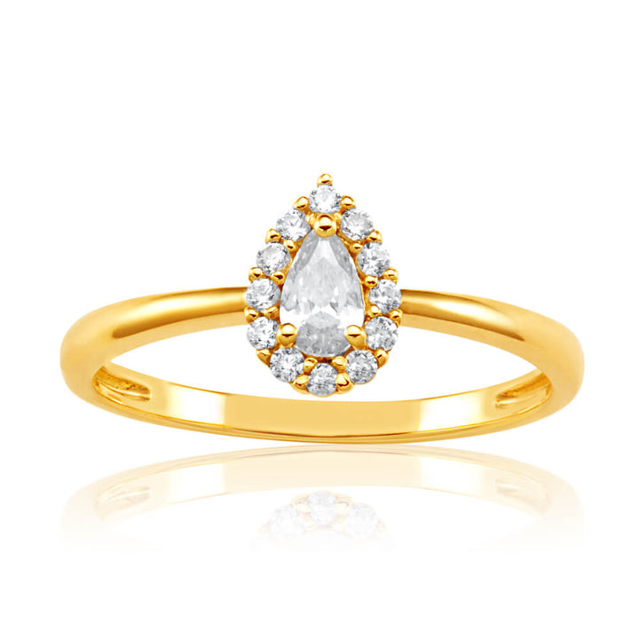 9ct Yellow Gold Pear Shaped Cubic Zirconia Halo Ring