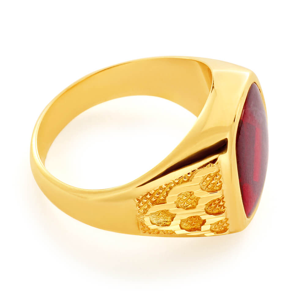 9ct Yellow Gold Created Garnet 14x12mm Gents Ring