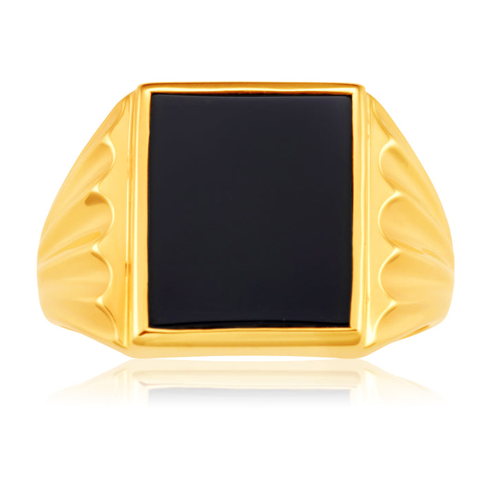 9ct Yellow Gold Onyx 14x12mm Gents Ring