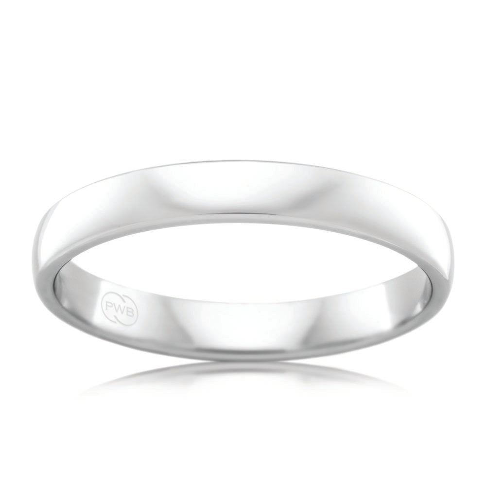 9ct White Gold 3mm Classic Barrel Ring. Size K