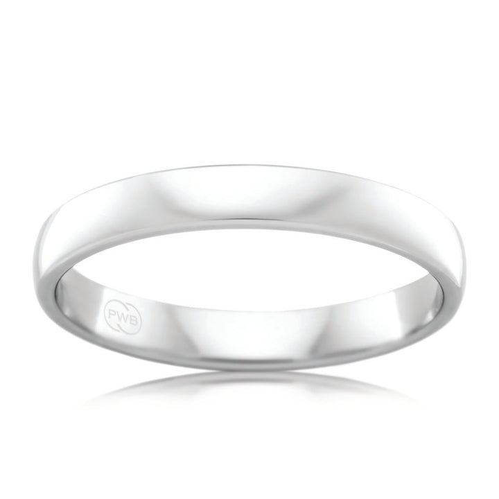 9ct White Gold 3mm Classic Barrel Ring. Size P