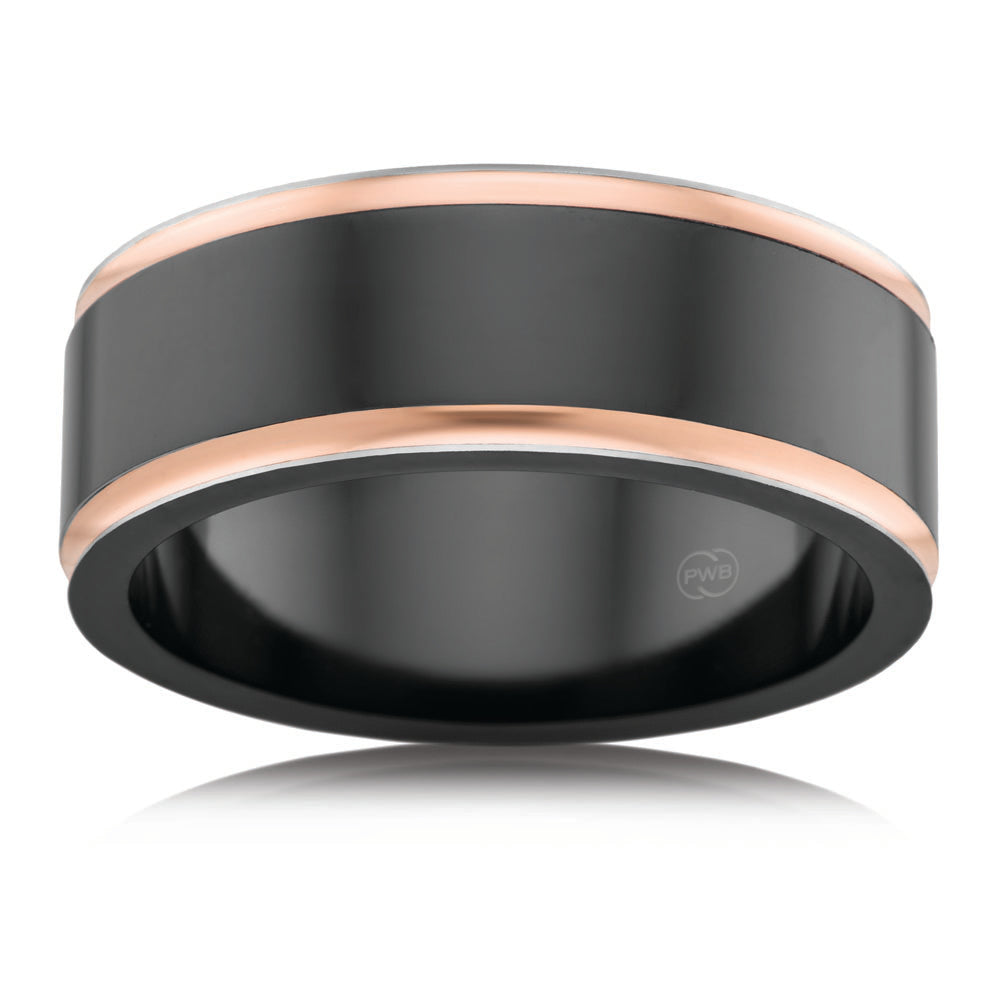 9ct Rose Gold and Zirconium 8mm Gents Ring. Size T and U.