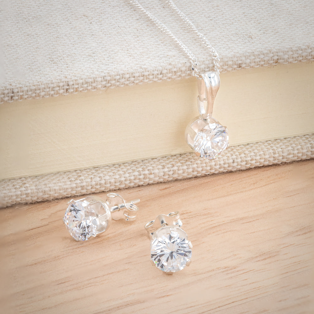 Sterling Silver 6mm Zirconia Pendant and Earring Set with Chain