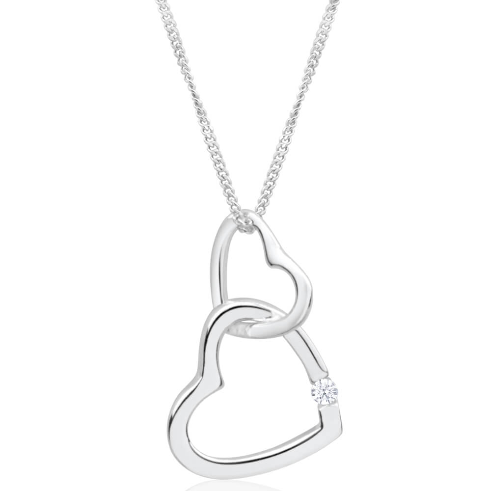 Sterling Silver Cubic Zirconia Double Open Heart Pendant With 45cm Chain