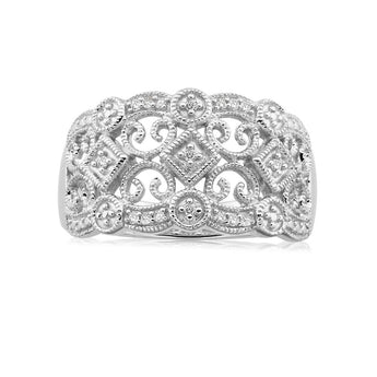 Filigree Diamond Ring with 17 Diamonds in Sterling Silver