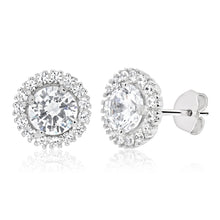 Load image into Gallery viewer, Sterling Silver Rhodium Plated Cubic Zirconia Round Halo Stud Earrings