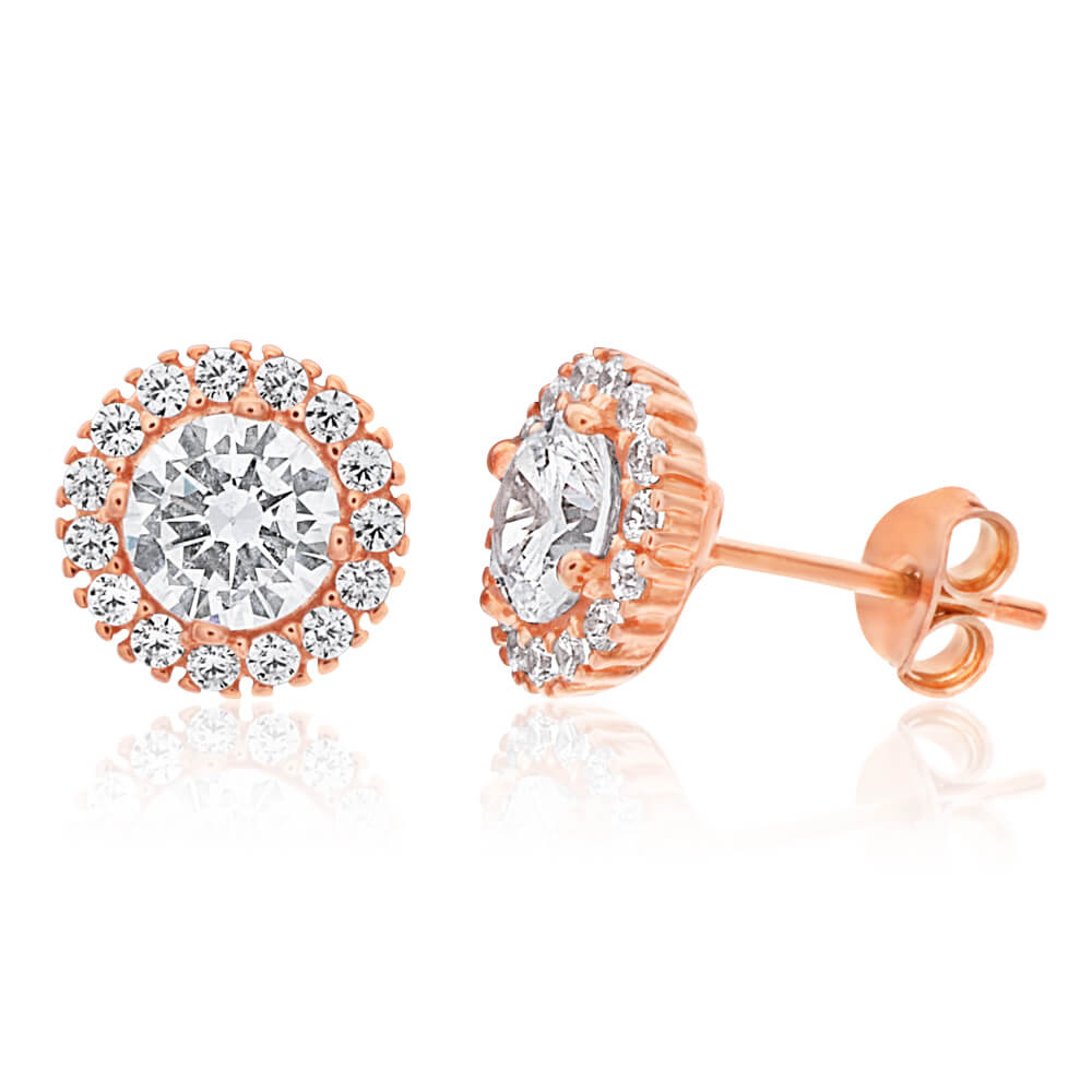 Gold Plated Sterling Silver Cubic Zirconia Round Halo Stud Earrings