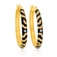 Load image into Gallery viewer, Gold Plated Cubic Zirconia and Black Enamel Hoop Earrings