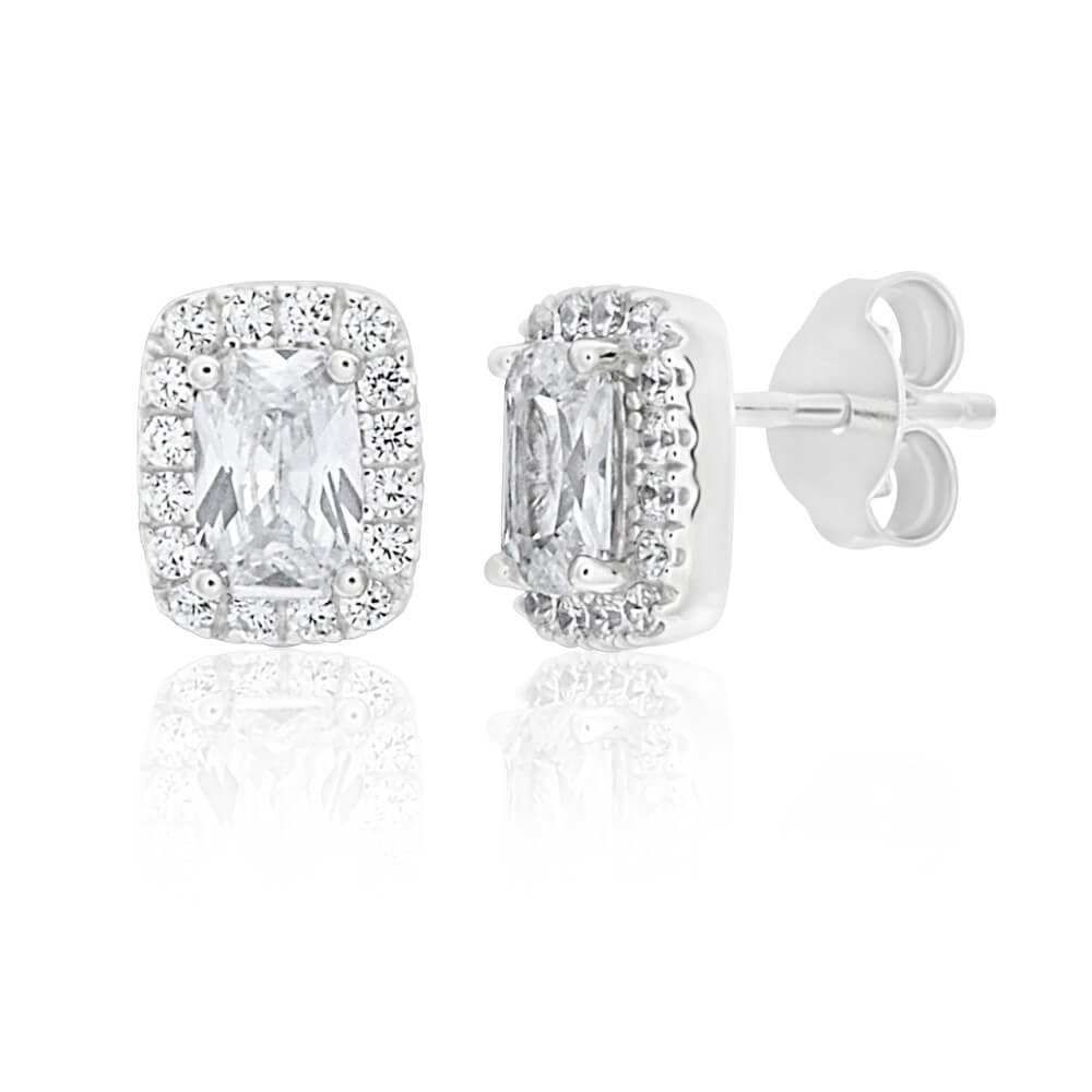 Sterling Silver Rhodium Plated Cubic Zirconia Square Halo Stud Earrings