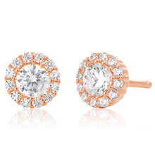 Load image into Gallery viewer, Sterling Silver Rose Gold Plated Cubic Zirconia Brilliant Cut Halo Stud Earrings