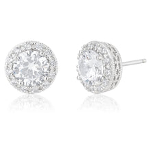 Load image into Gallery viewer, Sterling Silver Platium Plated Cubic Zirconia Brilliant Cut 7mm Halo Stud Earrings