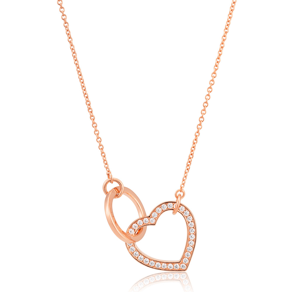 Sterling Silver Zirconia Heart & Circle Pendant with 40 + 5cm Chain Rose Gold Plated