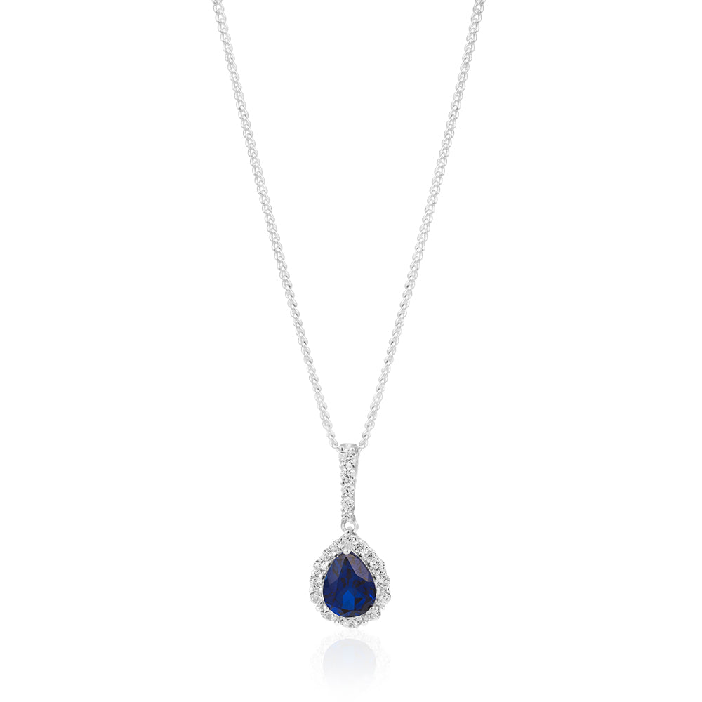 Sterling Silver Rhodium Plated Created Sapphire Pear Cut and Zirconia Halo Pendant