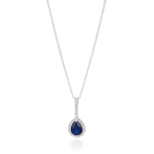 Load image into Gallery viewer, Sterling Silver Rhodium Plated Created Sapphire Pear Cut and Zirconia Halo Pendant