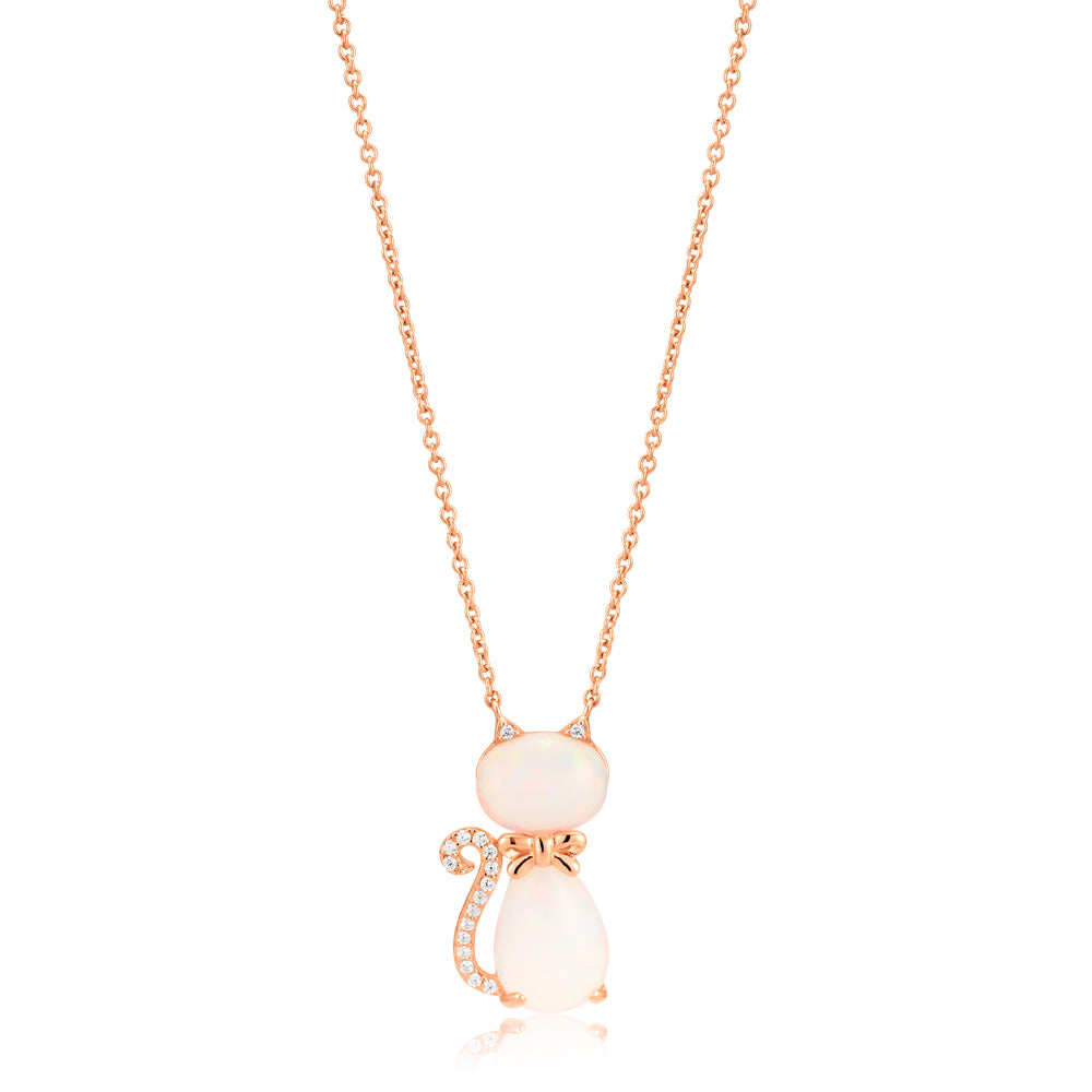 Sterling Silver Rose Gold Plate Created Opal & Zirconia Cat Pendant with 42+3cm Chain