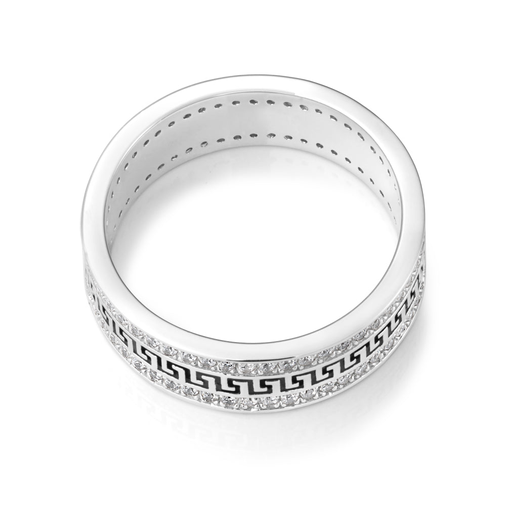 Sterling Silver Zirconia and Black Enamel Greek Key Ring