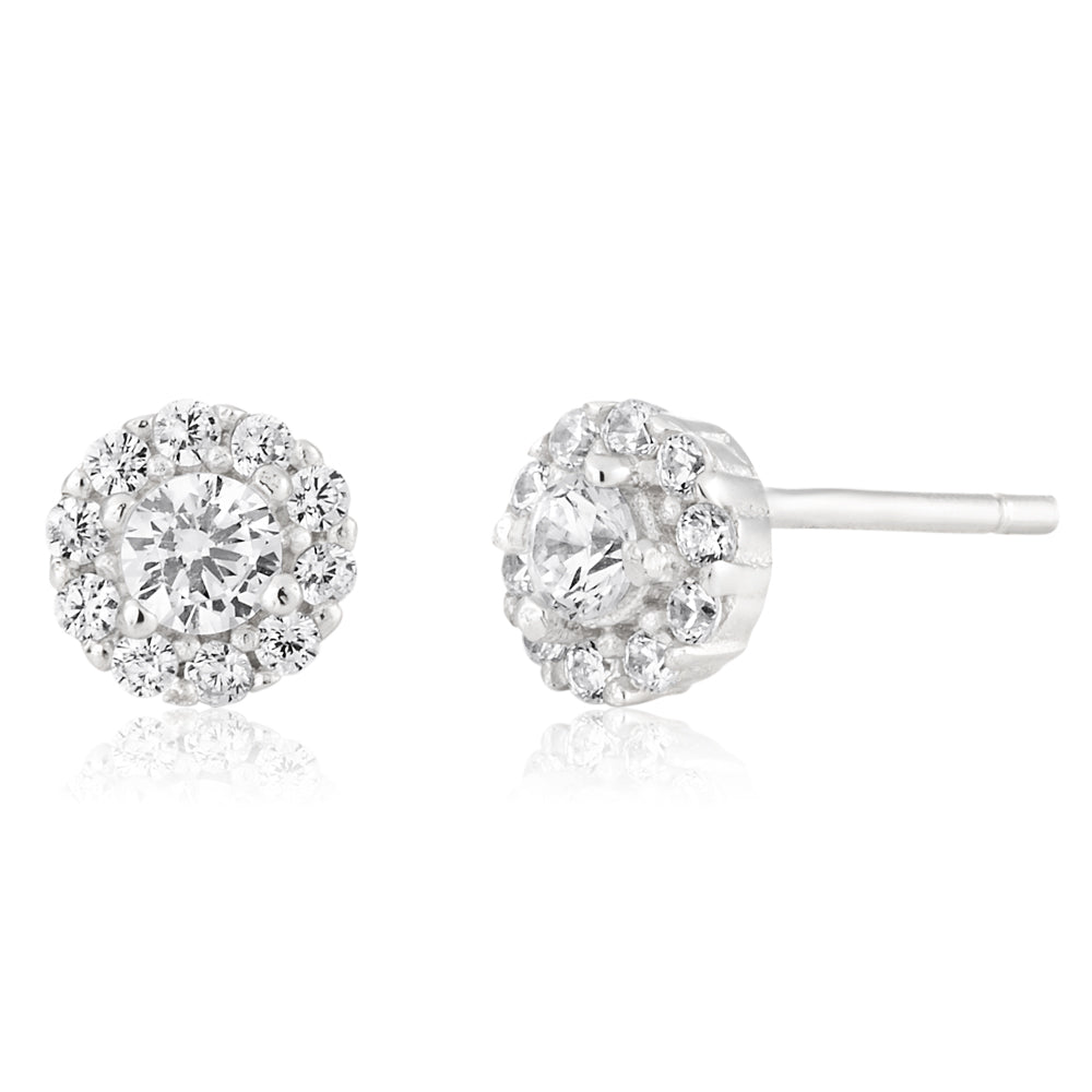 Sterling Silver Cubic Zirconia Halo Stud Earrings