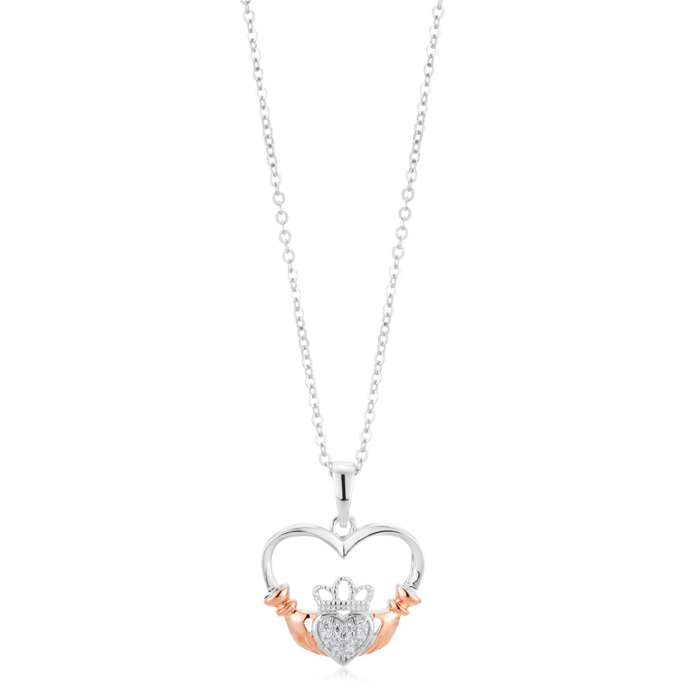 Sterling Silver and Rose Plated Zirconia Claddagh Pendant