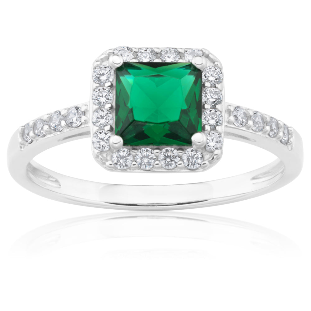 Sterling Silver Green and White Zirconia Cushion Cut Ring