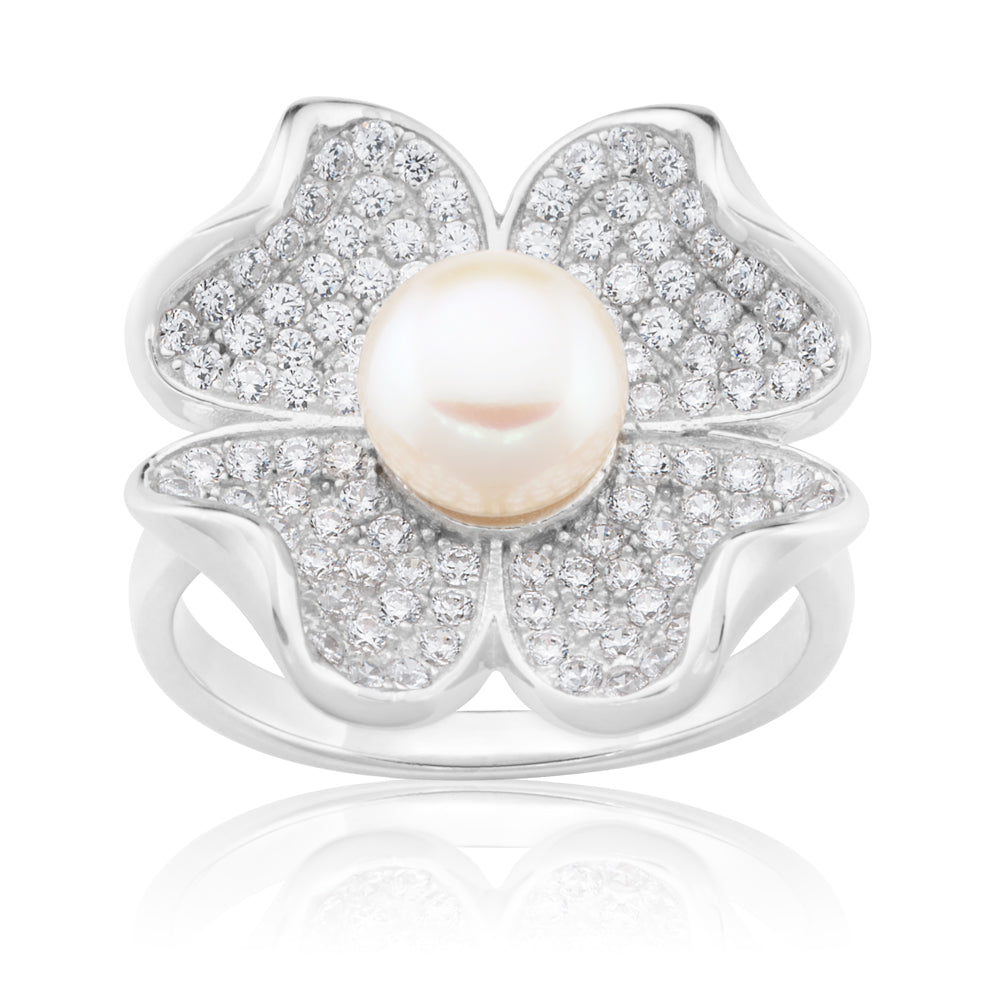 Sterling Silver Freshwater Pearl and Zirconia Flower Ring