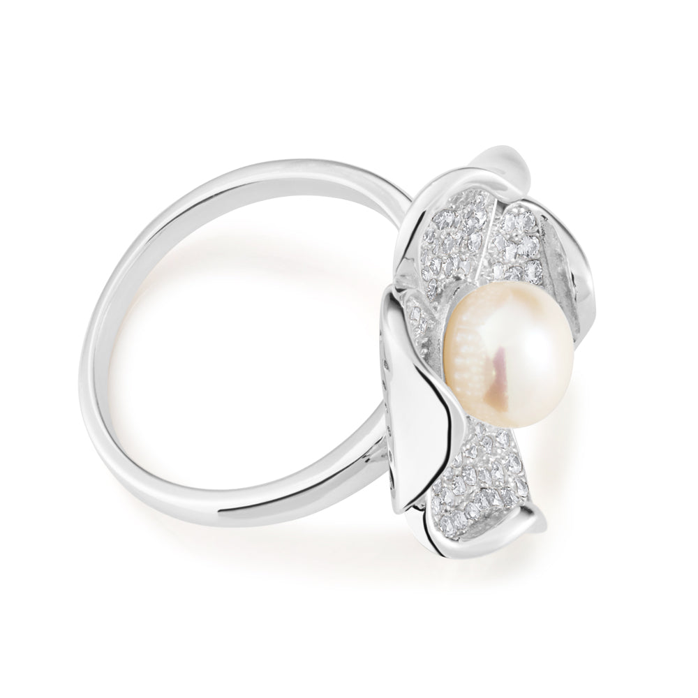 Sterling Silver Freshwater Pearl and Zirconia Flower Ring