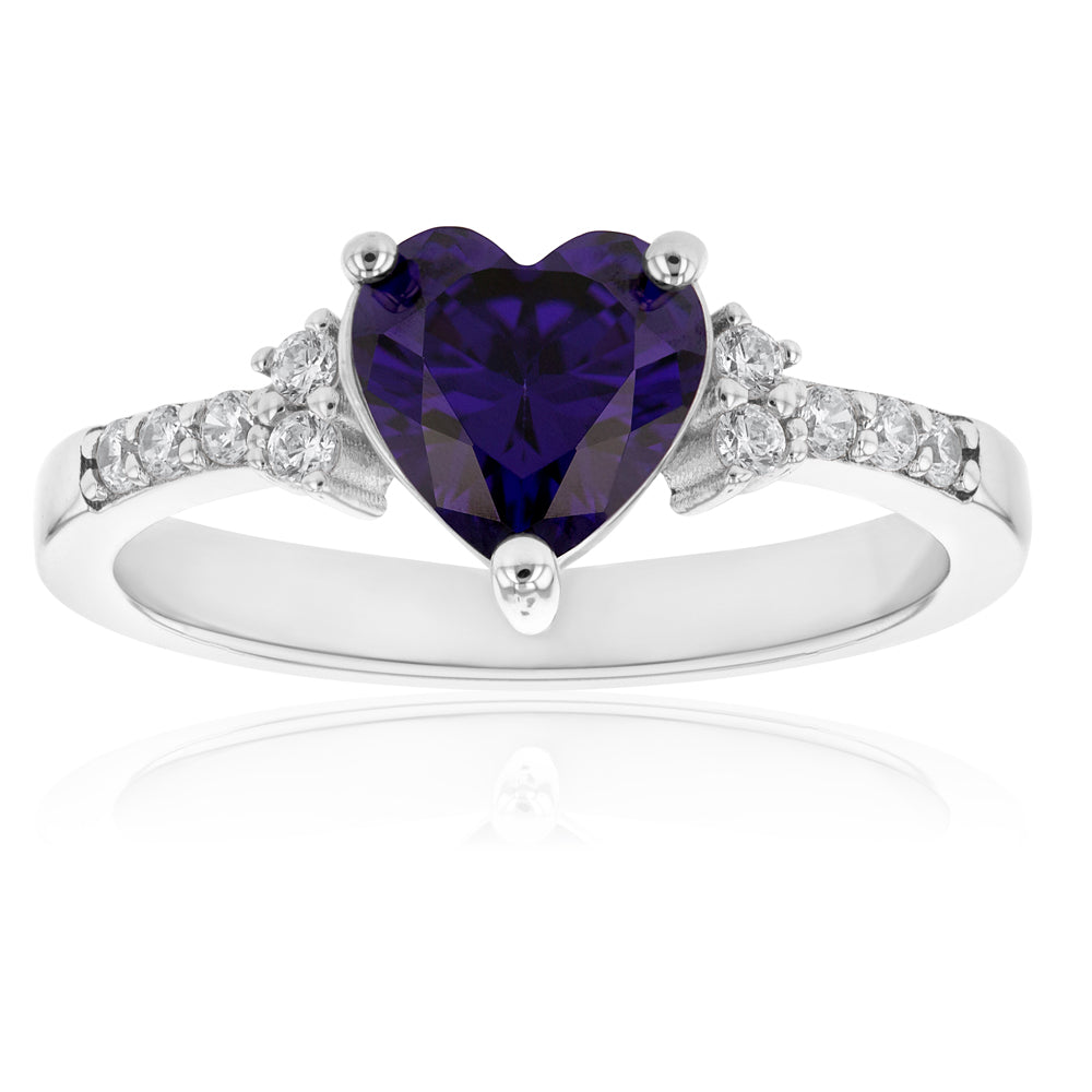 Sterling Silver Purple and White Zirconia Heart Ring