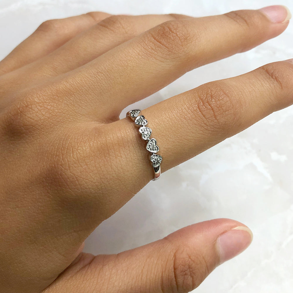 Sterling Silver 0.02 Carat Five Hearts Diamond Ring with 5 Brilliant Cut Diamonds