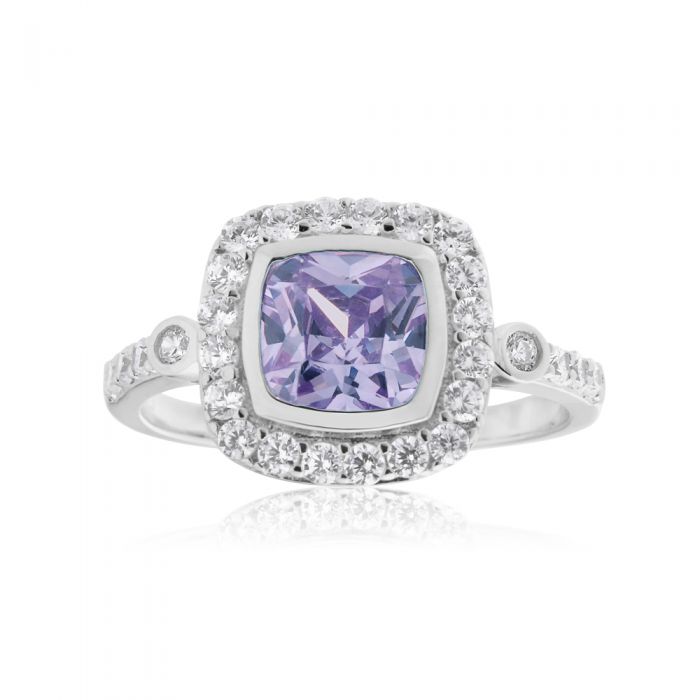 Sterling Silver Lavender and White Zirconia Square Halo Ring