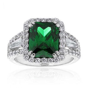 Sterling Silver Green and White Zirconia Halo Cushion Cut Ring