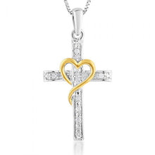 Load image into Gallery viewer, Sterling Silver Diamond Cross Pendant with Yellow Heart Accent on 45cm Silver Chain