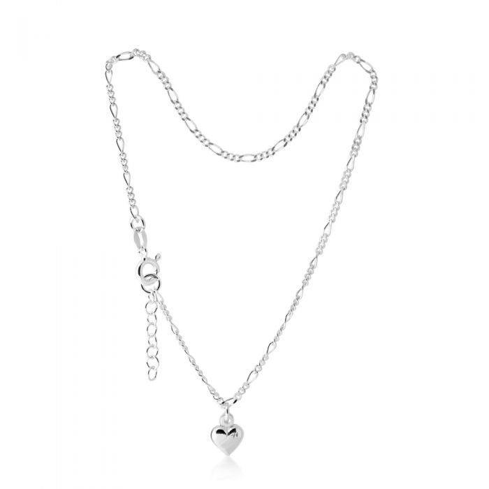Sterling Silver Heart Charm 25cm Figaro Anklet