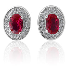 Load image into Gallery viewer, Sterling Silver Created Ruby and Zirconia Oval Studs
