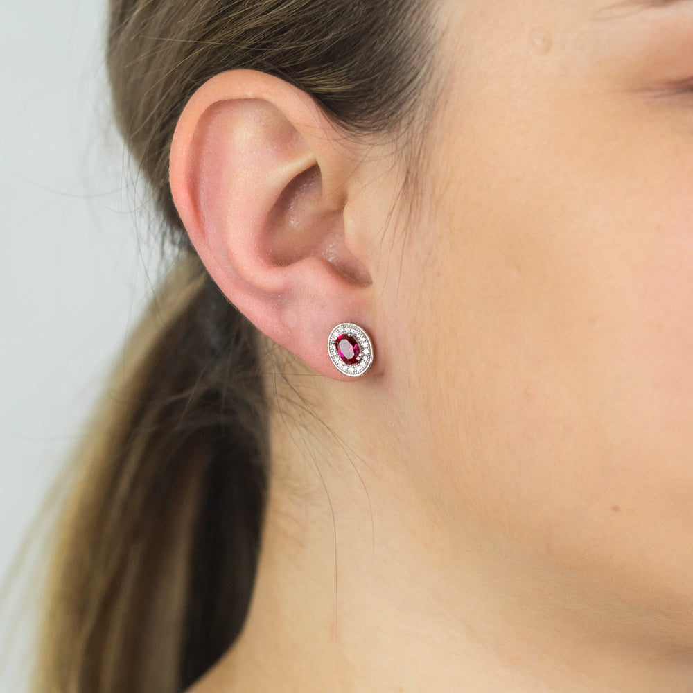 Sterling Silver Created Ruby and Zirconia Oval Studs
