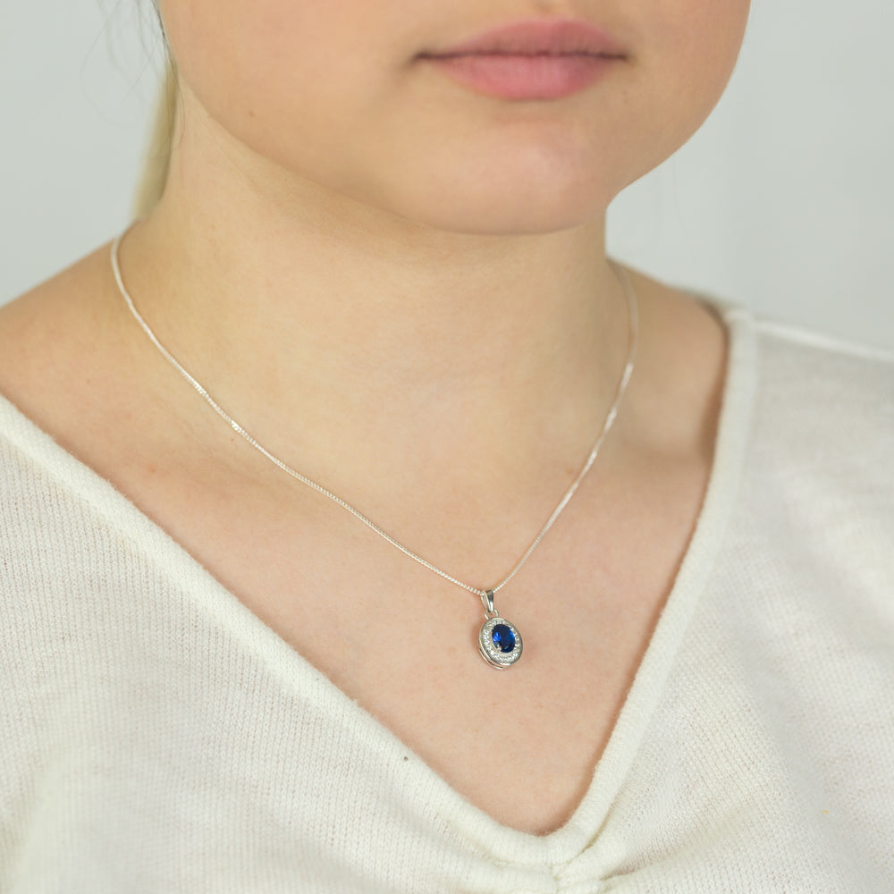 Sterling Silver Created Sapphire and Zirconia Oval Pendant