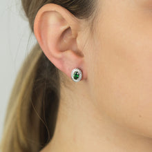 Load image into Gallery viewer, Sterling Silver Created Emerald and Zirconia Oval Halo Studs