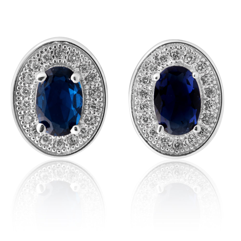 Sterling Silver Created Sapphire and Zirconia Oval Studs