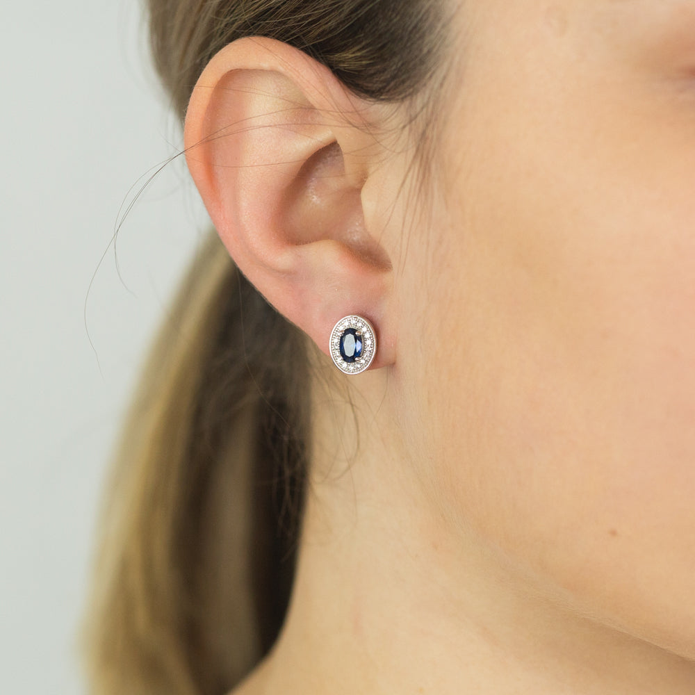 Sterling Silver Created Sapphire and Zirconia Oval Studs