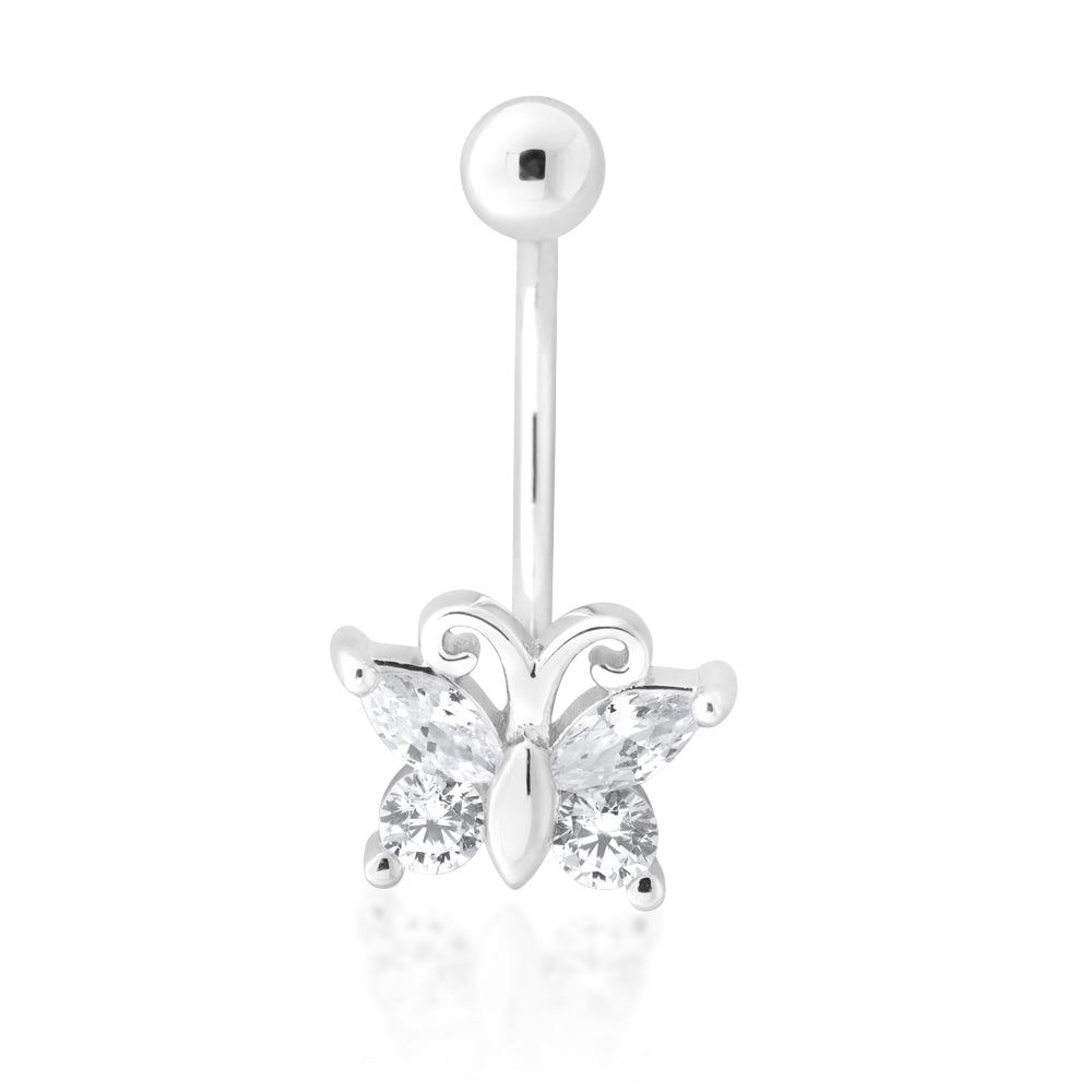 Sterling Silver Belly Bar Zirconia Butterfly Marquise +  Brilliant Cut