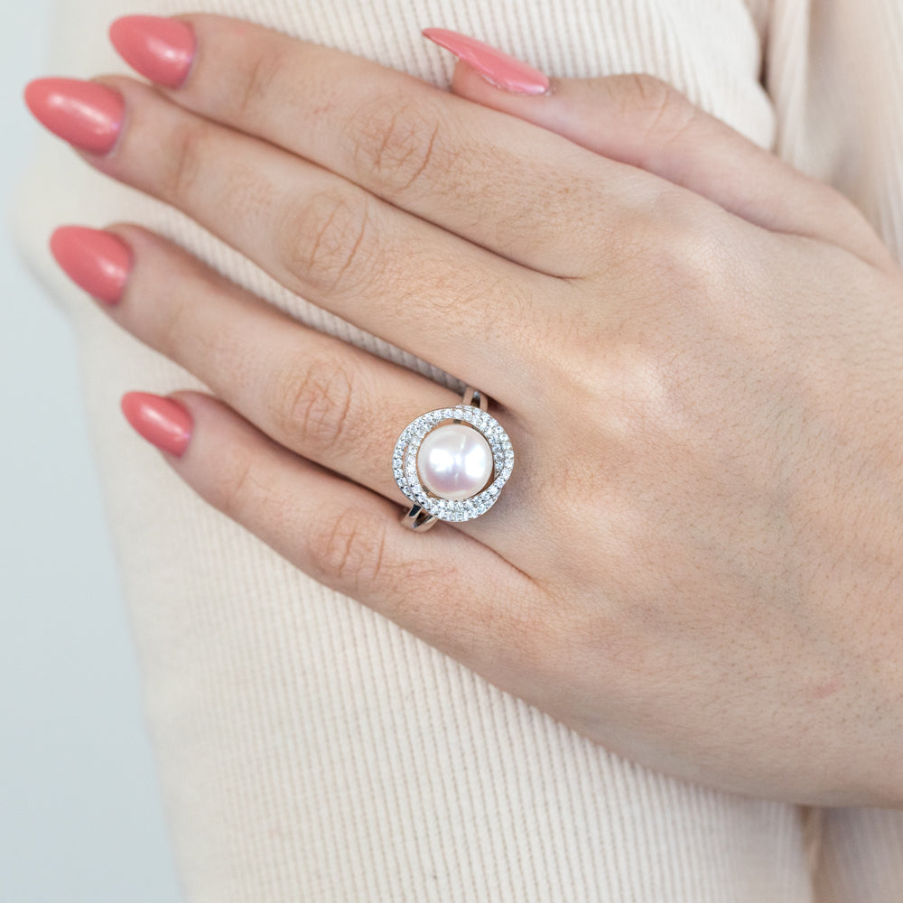 Sterling Silver Cubic Zirconia Freshwater Pearl Ring